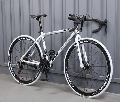 Acnivkoソリッドタイヤ 700×38Cタイヤ、ロード自転車高炭素鋼フレーム,ダブルディスクブレーキ公路自行? 、 初心者自転車ロードバイク アウトドア 適応 身長165-185cm 前後車輪クイックリリース方式 フレア形状ドロップハンドル 24/27