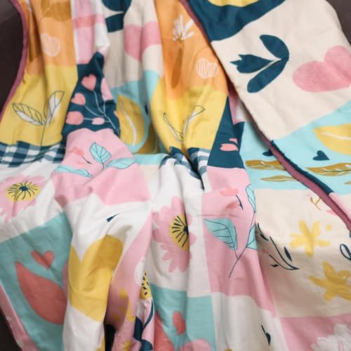 Image of LORETO - A QUALITY LINEN BRAND 100% Cambric Cotton Double Dohar 88 x 90 Inches, 3-Layer Lightweight AC Blanket with Soft Cotton Flannel Filling, Summer Quilt, Reversible, Pastel Garden on White Grid