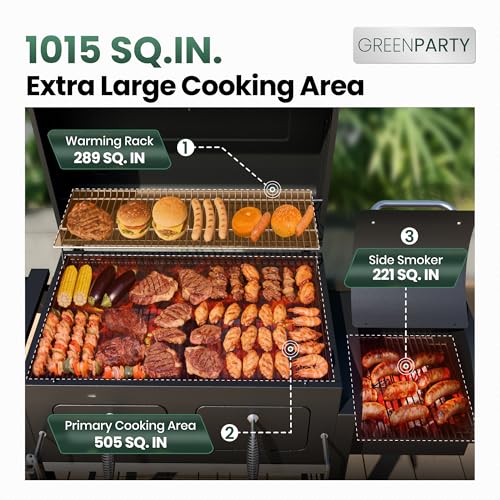 Image of 30 Inch Barrel Charcoal Grill and Offset Smoker for Outdoor Cooking BBQ | 1015 Sq In Cooking Area, Porcelain-Enameled Steel Wire Grates, 2 Height-Adjustable Charcoal Pans
