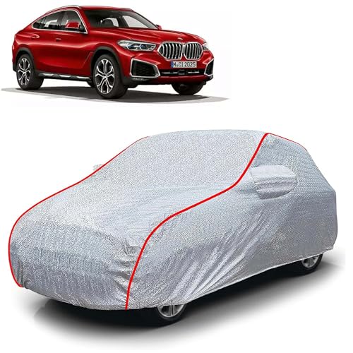 Image of Sulfar 100% Waterproof Car Body Cover Compatible with Mirror for BMW X6 (Triple Stitched, Full Bottom Elastic, Magic Silver with Red Piping)