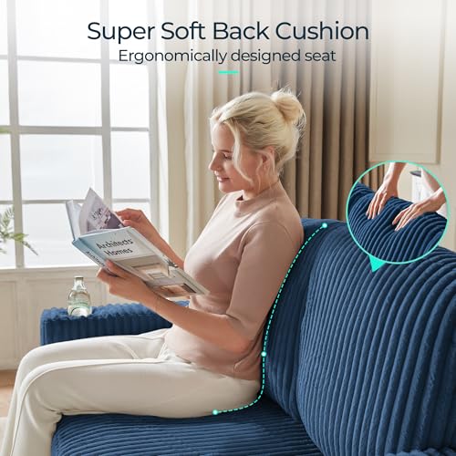 Image of LINSY HOME Loveseat Sofa with Pull Out Couch Chaise: 2-in-1 Convertible 2 Seater Sofa with USB Charging & Cup Holders, Comfy Plush Corduroy Love Seat for Small Spaces Living Room Apartment, Blue