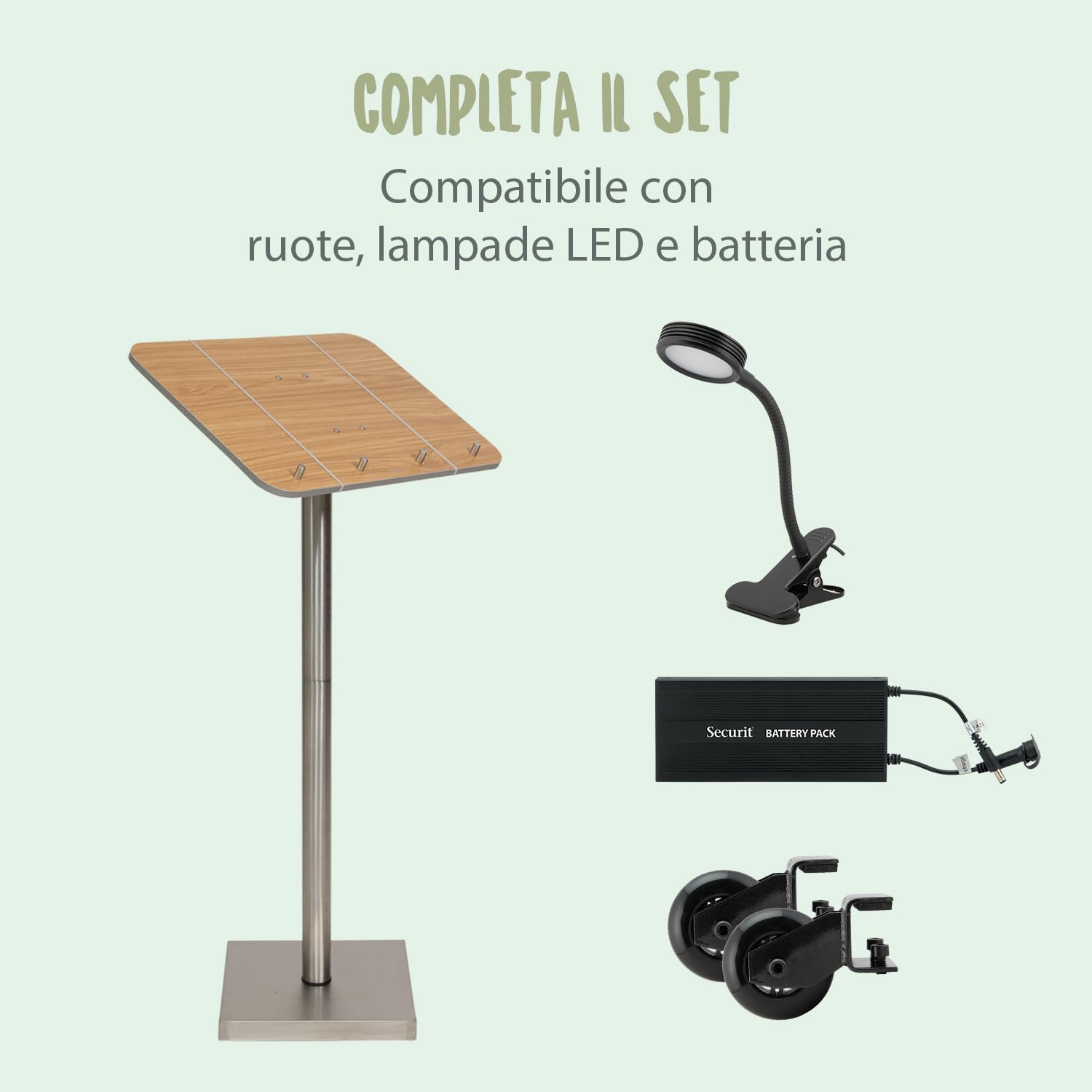 SECURIT - Leggio Porta Menu con Palo e Base - Per Caffè, Ristoranti, Bar, Negozi - Legno Laminato con Base in Acciaio Inox - Quattro Perni in Metallo e Elastici Inclusi - Teak
