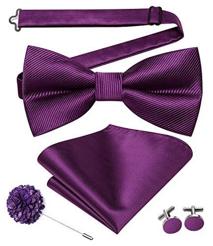 Image of Hi-Tie Mardi Gras Bow Ties for Men Deep Purple Pre-Tied Pocket Square Lapel Pin Cufflinks Mens Bowtie Sets for Wedding Formal Party