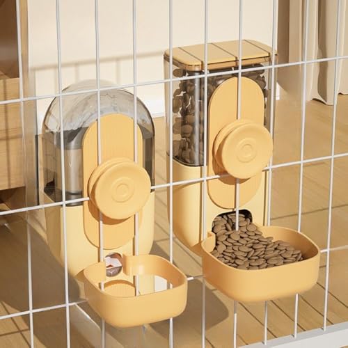Yobuisg 自動給餌器 犬 猫 小動物 自動 給水器 2個セット 自動餌やり機 水飲み器 ケージ 取付 固定 重力式 大容量 工具不要 留守番 蓋付き ペット用品 800 ML 870 ML (イエロー)