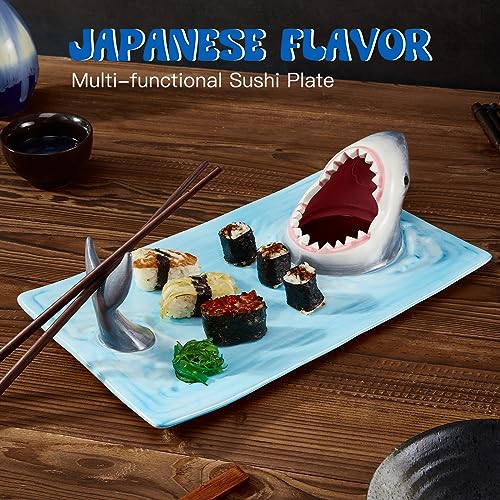 Image of Shark Plates, Upgraded 3-in-1 Shark Sushi Plate, Shark Sushi Plate, Shark Plate with Sauce Compartment, Food Safe Material, Microwave /Oven /Refrigerator /Dishwasher Safe (rectangular)