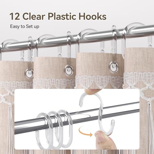 Image of AmazerBath Taupe Boho Shower Curtain with Tassels, Linen Textured Farmhouse Shower Curtain Set with 12 Hooks, Washable Water-Repellent Neutral Fabric, 72x72 Inches Tan