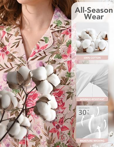 Image of NAP BOUND 100% Cotton Pajamas for Women 2 Piece PJs Set Long Sleeve Button Down Breathable Woven Sleepwear Loungewear XS-XXL