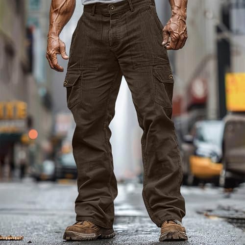 Corduroy Pants Men,Baggy Lightweight Durable Elastic Waist Cargo Pants Streetwear Outdoor Work Pants Multi Pockets2