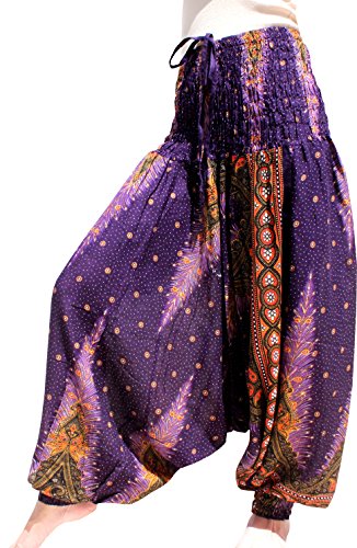 Full Funk Harem Hippie Boho Aladdin Dashiki Pants for Women, Rayon Harem Pants, X-Large, Peacock Feathers - Purple