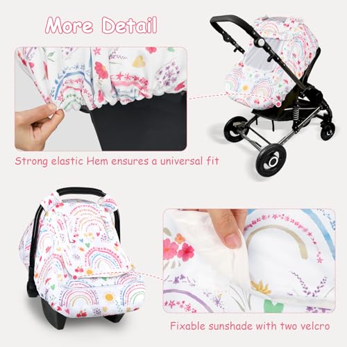 Image of Winter Car Seat Cover Baby with Sunshade & Dual Zipper Windows - Minky Bubble Lined Windproof Soft Shell, Warm Newborn Car Seat Canopy Covers, Elastic Bottom for Stroller & Infant Car Seat, Rainbow