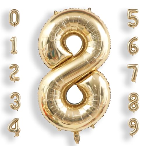 Image of AULE 40 Inch Large 8 Balloon Numbers Light Gold, Big Foil Number Balloons, Giant Helium Happy Birthday Party Decorations for Man and Women, Huge Mylar Anniversary Party Supplies