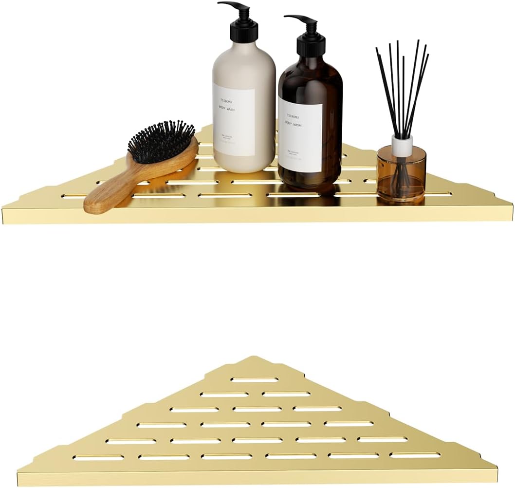 2-Pack 10" Corner Shower Shelf Golden Brushed Wall Mounted No Drilling Bathroom Shelves, Recessed Shower Caddy for Inside Shower, Stainless Steel Triangular Shower Organizer