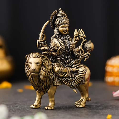 Image of 3 inch Brass Maa Durga Idol | Goddess Durga MATA Murti for Temple, Puja & Home Decor | Religious Gift for Navratri & Housewarming (Weight-70gm)