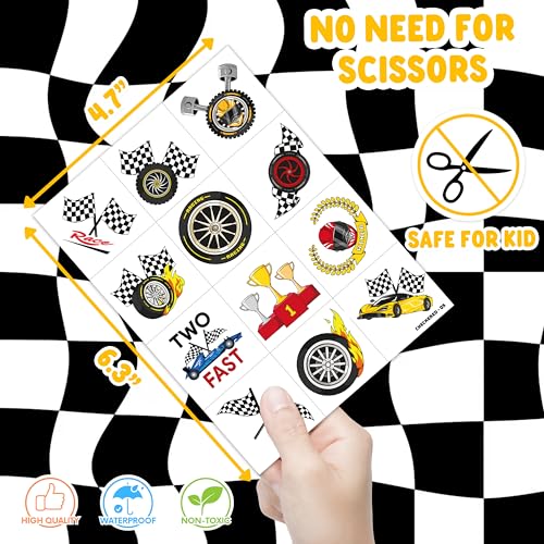 Image of 96 PCS Pre-Cut Checkered Flag Temporary Tattoos for Kids Party Favors | Race Car Themed Skin-Friendly Fake Stickers, Birthday Decorations, Gifts for Boys Girls