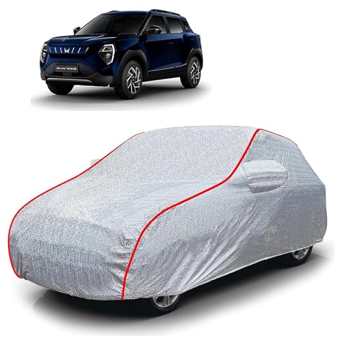 Image of Sulfar 100% Waterproof Car Body Cover Compatible with Mirror for Mahindra XUV 3XO EV (Triple Stitched, Full Bottom Elastic, Magic Silver with Red Piping)
