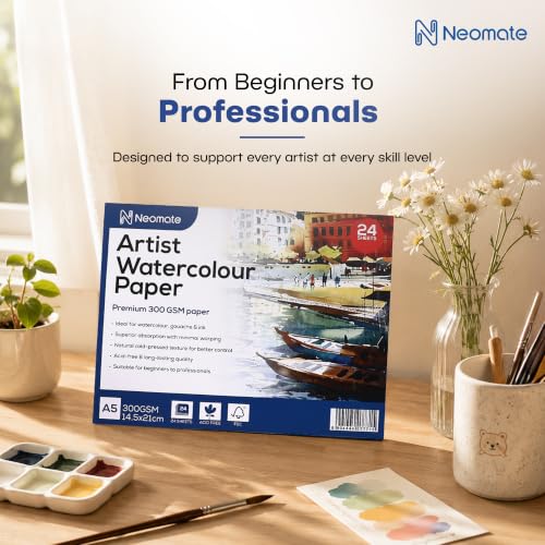 Image of Neomate Artists Watercolour Paper | 300 GSM, Size A5, Cold Pressed | Pack of 24 Sheets | Ideal for Artist, Professional Drawing, Painting Dry & Wet, Fine Arts Students