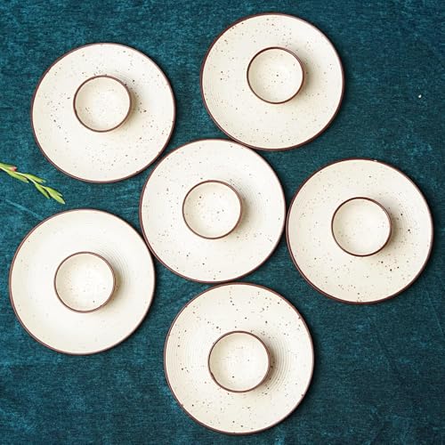 Image of Handcrafted Ceramic Stoneware Dinner Set of 12 Pieces with Serving Bowls | 6 Dinner Plates & 6 Bowl /katori | Bone Ash Free | Microwave and Dishwasher Safe - Off White