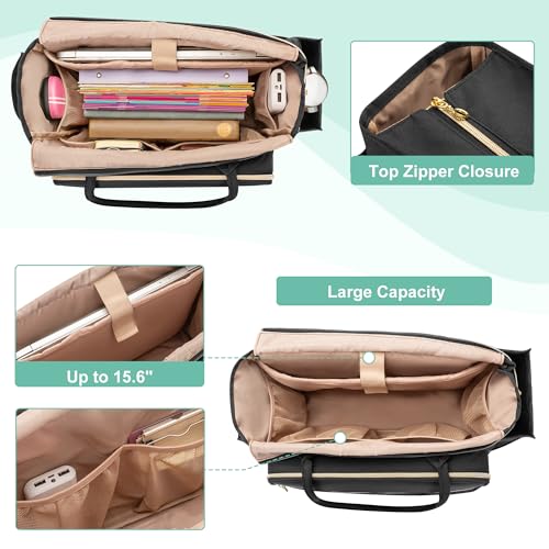 LUXJA Teacher Tote Bag with Accordion File Pocket, Teacher Bag for Women with 15.6 Inch Laptop Compartment, Black2