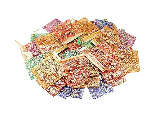 Image of Beingelegant - Pack of 100 Women's Organza Net Potli Bags for Pooja, Return Gifts for Wedding, Sangeet, Shagun- Multi Coloured (Multi, 14X10)