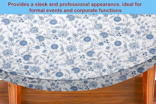 Image of The Furnishing Tree Elastic Cotton Oval Center Table Cover 16x48 in Inches Floral Blue on White Base