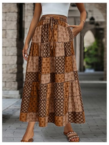 Verdusa Women's Vintage Boho Graphic A Line Skirt Tiered Layered Elastic Western Long Skirt with Pockets3