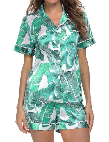 Image of SWOMOG Womens Silk Satin Pajamas Set Short Sleeve Sleepwear Button Down Top and Shorts Loungewear 2 Piece Pjs Set XS-3XL