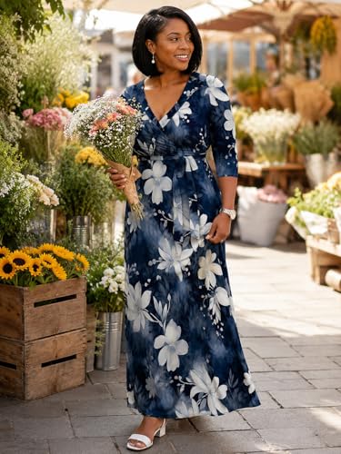 Image of PinkPatty Plus Size Maxi Dress for Women Casual V Neck 3 /4 Sleeve Boho Printed Long Dress with Pockets