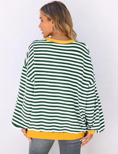 Image of UEU Women Oversized Striped Crewneck Sweatshirt Long Sleeve Color Block Pullover Tops Casual Loose Workout Shirt
