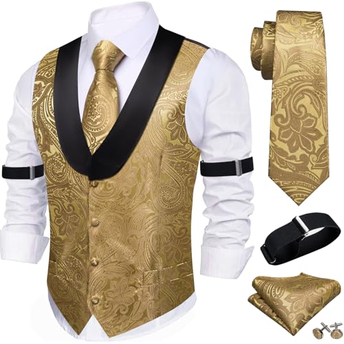 Image of Barry.Wang Mens Silk Lapel /Shawl Collar Vest Tie Sleeve Holder Set Formal /Casual Paisley Vests Wedding Tuxedo Waistcoat