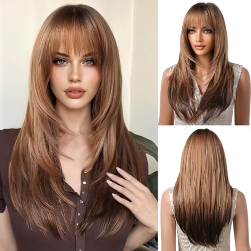 OUFEI Brown Ombre Dark Blonde Wig with Bangs Long Straight wigs for Women Short Layered Wigs Synthetic Hair Heat Resistant Wigs for Daily Party Cosplay Wear