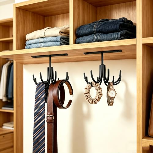 Image of Metal Under Cabinet Kitchen Utensil Hooks,360 Rotating Kitchen Utensil Rack with 8 Hooks,Drilling Free Adhesive Utensils Hanging Rack for Tools /Towel /Knife (Black)