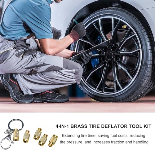 Image of DXNQ 4 in 1 Tire Deflator Tool Kit, Sturdy Brass Tire Pressure Deflator with Valve Caps Keychain, Portable Tyre Deflation Valve Tools for Cars SUVs Truck Motorcycle, Car Tire Accessories