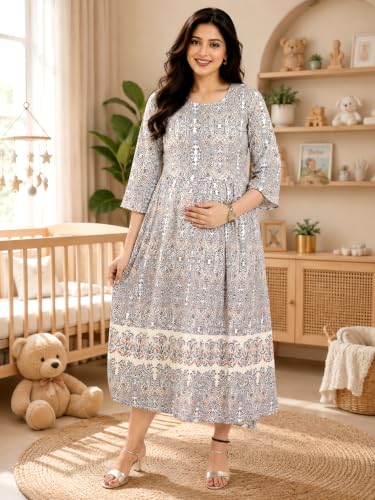 Image of RITIJYA Zipless Feeding Kurta Dress for Women | Maternity Nursing Kurti, No-Zip Easy Access | Extra Pleats Pre to Post Pregnancy | Quick-Dry Fabric | S-4XL