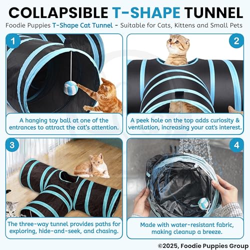 Image of Foodie Puppies Interactive Lightweight Foldable T-Shape Tube Hiding Tunnel with Hanging Ball - Perfect for Small Cats, Kittens, Rabbits and Guinea Pigs (Blue Black)