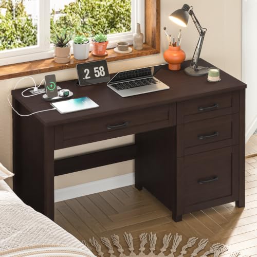 Image of Farmhouse 47 inch Executive Desk with 4 Drawers, Computer Desk with File Drawer and Charging Station, Workstation for Study,Home Office(Walnut
