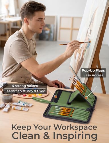 Image of DUGATO Short Brush Holder & Organizer, Canvas Case 5.4 x 10.7 in, Green | 15 Slots Zipper Paint Brush Case for Brushes up to 9.3 in Length, Artist Portable Carry Bag, Watercolor (Brush Not Included)