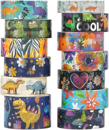 Image of NANYNNU Dinosaur Washi Tape Set, 13 Rolls Silver Foil Cute Washi Tapes, Kawaii Floral Decorative Masking Tape for Journaling Supplies, Scrapbooking, Bullet Journal, Planner Decoration, DIY Crafts