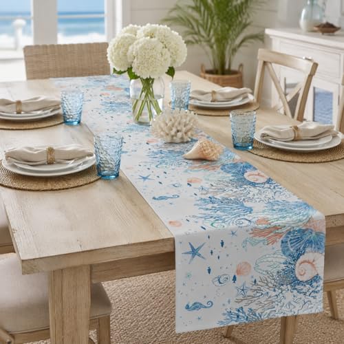 Image of Coastal Beach Table Runner, Watercolor Starfish Seashell Coral Pattern Faux Linen, Nautical Ocean Dining Decor for Summer Home Party 13x120 Inch