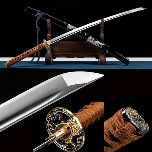 HERO SWORD-Tiger Katana Combat Ready1095 Higg Carbon Steel Full Tang Blade Samurai Sword Very Sharp Authentic Japanese Weapons Cool Sword Best Gift for Mens,Brown Black