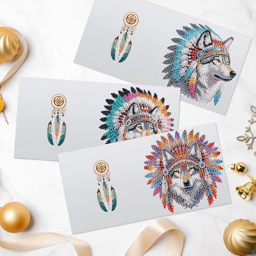 Image of 6 Pack 5D Diamond Art Greeting Cards Kit with Envelopes, Wolf with Native American Headdress Design, DIY Special Shape Diamond Painting Greeting Card for Adults, Handmade Card Craft Gift Set