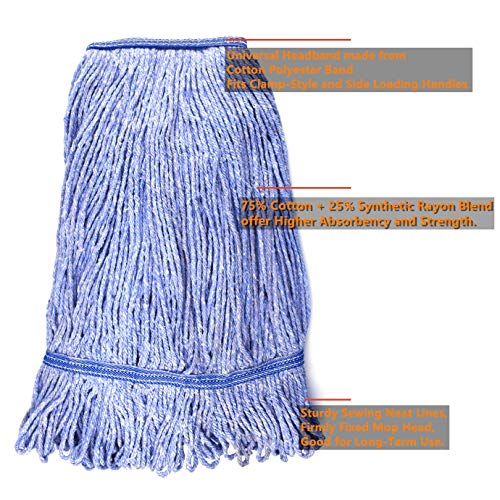 Image of String Mop Heads Replacement Heavy Duty Commercial Grade Blue Cotton Looped End Wet Industrial Cleaning Mop Head Refills (4, Large)