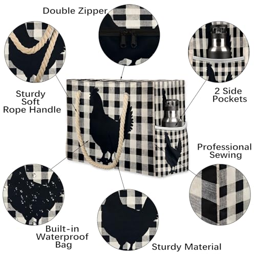 Chicken Hen Large Tote Beach Bags for Women with Zipper Buffalo Check Plaid Waterproof Sandproof Gym Swim Pool Grocery Travel Bag3