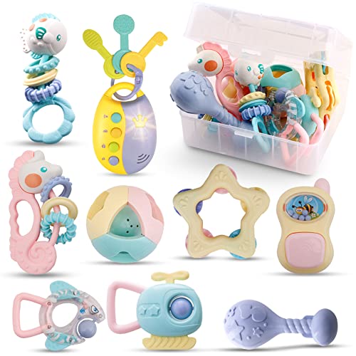 Image of WISHTIME Baby Rattle Toys for Newborns - Baby Toys Rattles and Teethers for Girls Boys 0-3-6-9-12-18 Months - Baby Rattle Set 9pcs - Infant Rattle Teething Toys - Developmental Sensory Toys for Babies