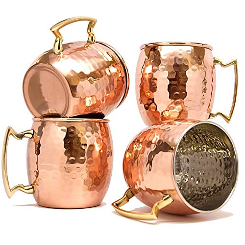 Copper Aart Moscow Mule Mugs / Large Size 19 Ounces / Set Of 4 Hammered Cups / Stainless Steel Lining / Pure Copper Plating / Gold Brass Handles / 3.7 Inches Diameter X 4 Inches Tall #TOP6