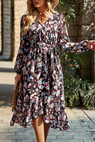 Image of PRETTYGARDEN Women's Floral Boho Dress Fall Long Sleeve Wrap V Neck Ruffle Flowy Maxi Spring Wedding Guest Vacation Dresses