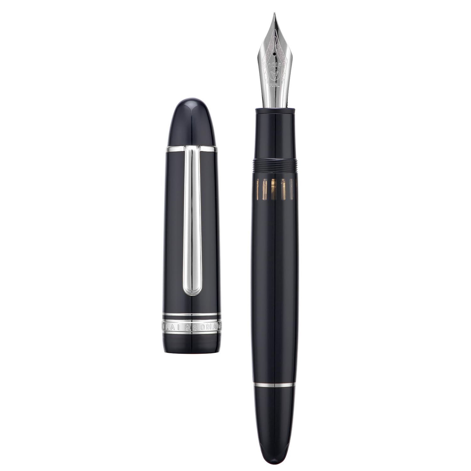 Yongsheng Junlai 930 - Pluma estilográfica acrílica, plumín mediano tamaño 9 con sistema de llenado de pistón, tanque de tinta de valla negro piano con diseño de forma de torpedo (Borde Plateado)