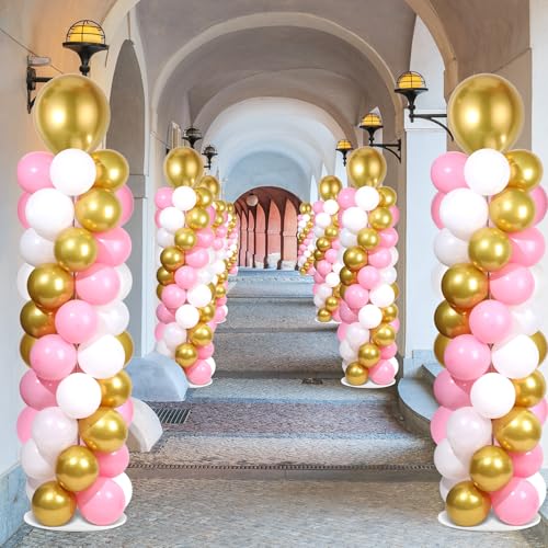 Image of 2 Sets Pink White Gold Balloon Column Stand Kit with 100 Balloons Adjustable Balloon Tower Stand with Bases for Floor Column Kit for Wedding Graduation Birthday Appreciation Party Decor