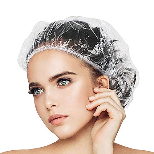 Gorros de ducha desechables  Navly de plástico impermeable transparente para baño de ducha, gorros de pelo para mujeres, spa, uso doméstico, hotel y peluquería, viajes portátiles (100 unidades)