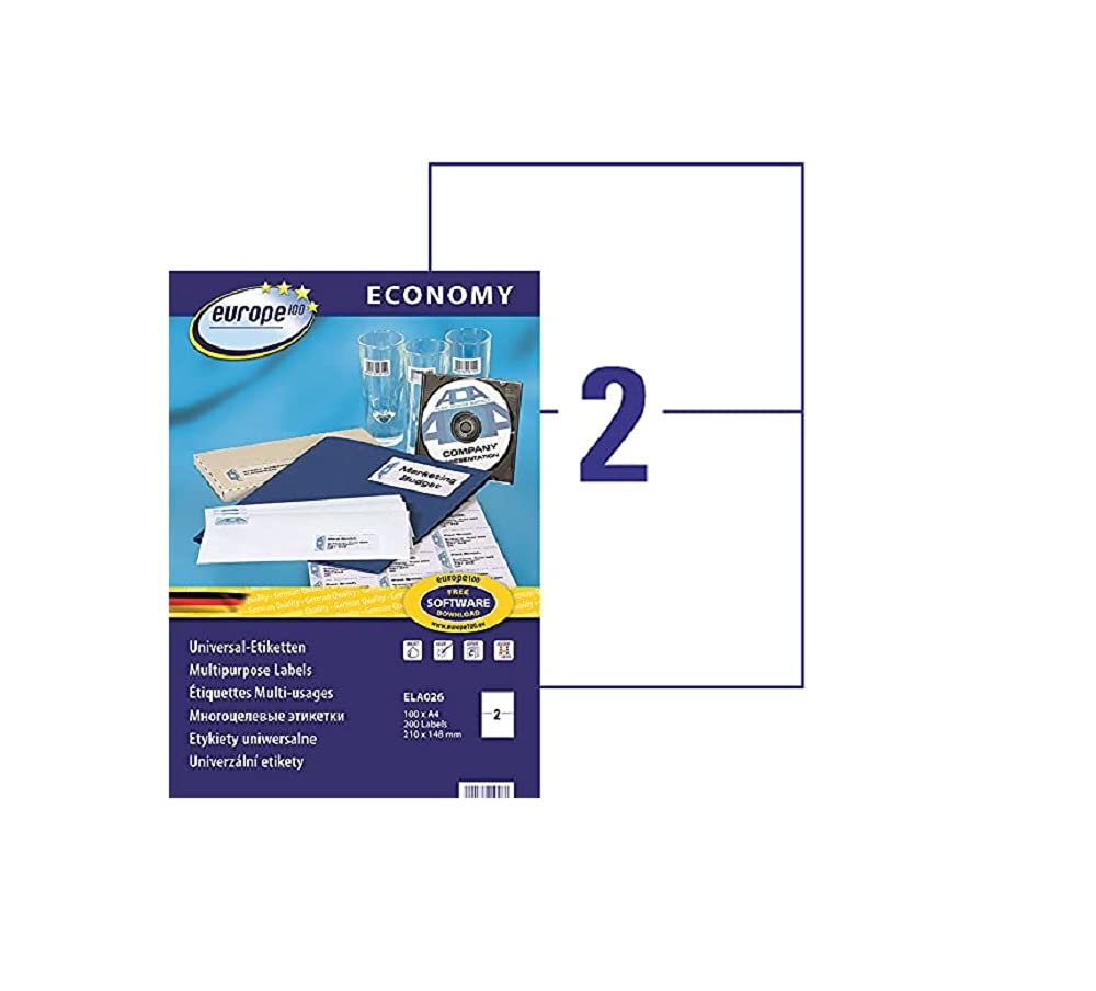 EUROPE 100 200 Labels, White, 210mm x 148mm, Self Adhesive Multi Purpose Labels