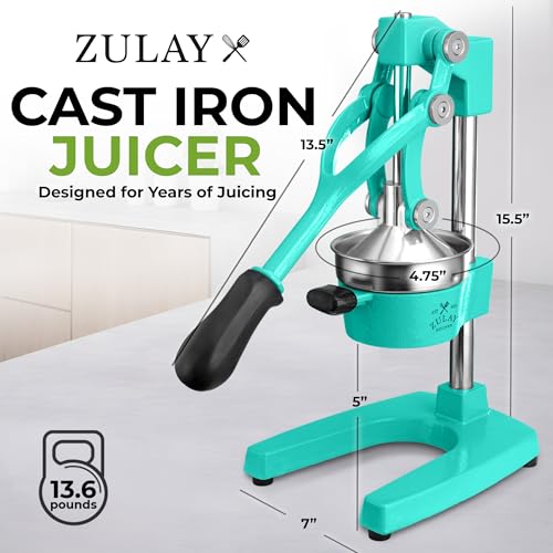 Image of Zulay Kitchen Cast Iron Juicer - Easy-to-Clean Heavy-Duty Manual Juicer, Professional Citrus Juicer - Stainless Steel Lemon Squeezer - Manual Citrus Press & Orange Squeezer - Orange Juicer - Teal